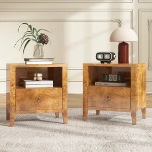 AMERLIFE Mid-Century Modern Nightstand Set of 2 with Drawer, High Gloss Burl Wood Bedside Table, Ample Storage Side Table for Bedroom, Retro Accent End Table