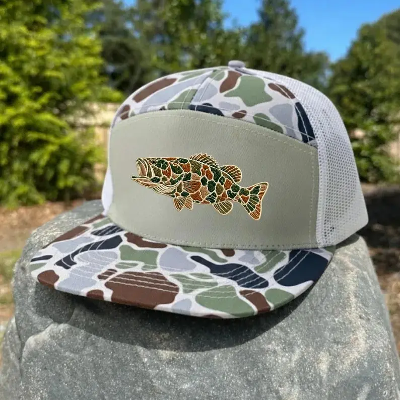 Bass Fishing Hat Embroidered Camo Trucker Cap Largemouth Bass Snapback Outdoorsman Gift Fisherman Apparel Vintage Camouflage Flat Bill Hat