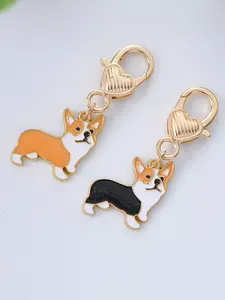 Golden-Tone 2pcs Cartoon Corgi Keychains - Heart Charm, Cute Dog Pendant for Couples - Creative Small Gift Idea