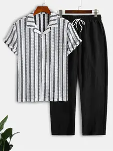 Men's Knit Jacquard Short Sleeve Shirt & Lyocell Linen Blend Pants Slim Fit Casual Set, 2 Piece Breathable Summer Tropical, Ideal for Beach and Vacation Menswear