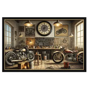 Vintage Motorcycle Garage Poster, Classic Bike Workshop Wall Art with Tools and Industrial Clock Scene, Perfect Decor for Man Cave, Garage or Office, Great Birthday or Father’s Day Gift