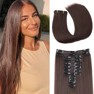 Clip in Hair Extensions 12PCS Long Straight Omber Auburn Brown Thick Clip in Hairpieces Full Head Synthetic Hair Extension for Women, Black Brown 22 Inch