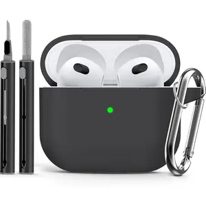AirPods 3rd Gen Case Cover with Cleaner Kit, Soft Silicone Protective Case with Keychain, Shockproof for Women & Men-Black