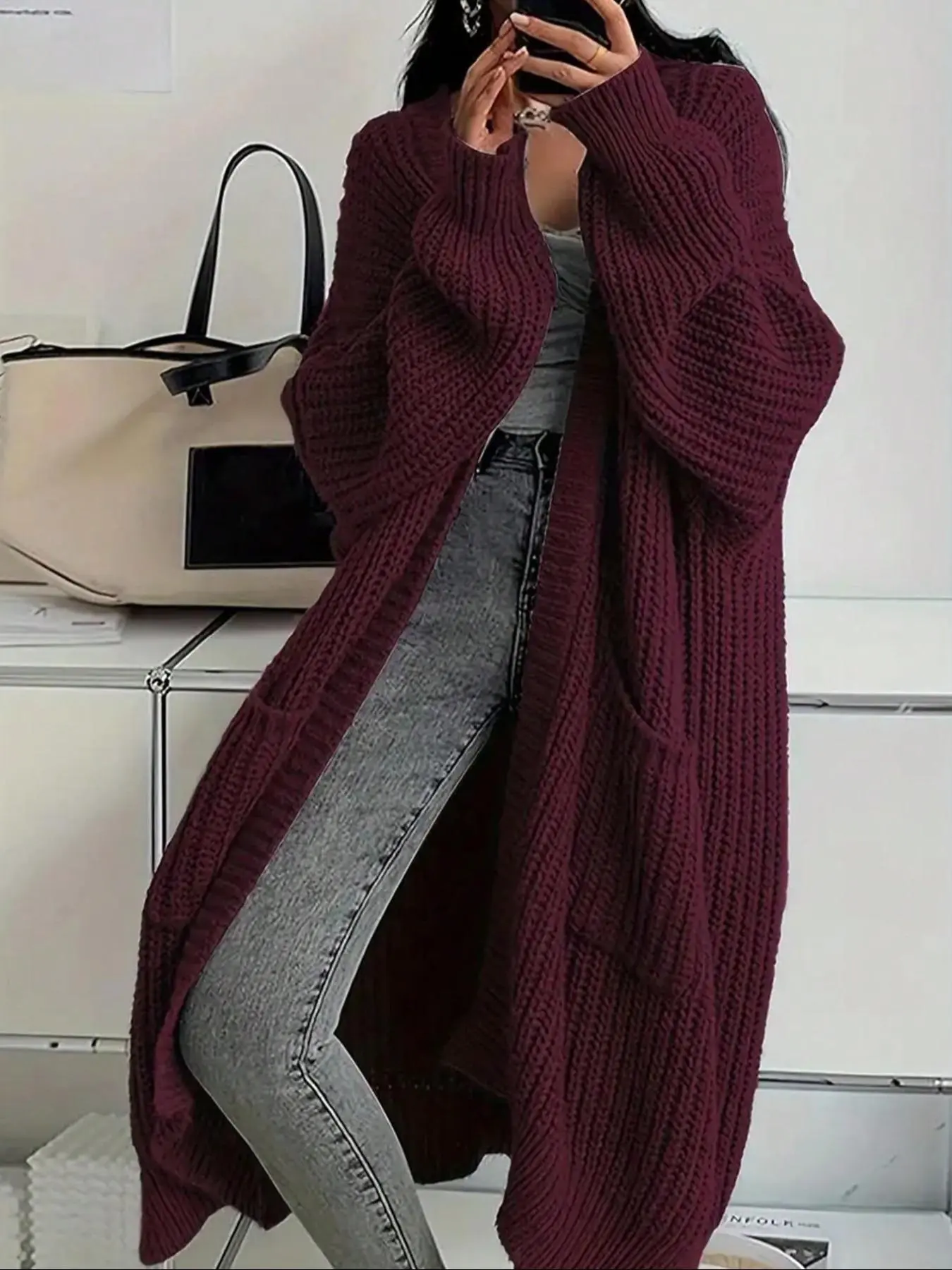Slouchy Chunky Knit Duster Cardigan, Women's Fall Winter Casual Long Sweater Jacket Daily Knitwear
