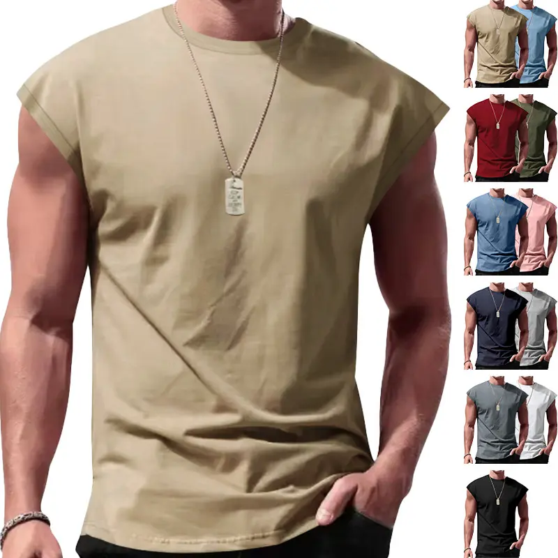 Summer soft men’s crew-neck sleeveless tank top with contrast piping sleeves, loose relaxed fit, breathable and sweat-wicking, suitable for fitness, running, and home wear; available in multiple colors including solid options; sports vest/T-shirt.