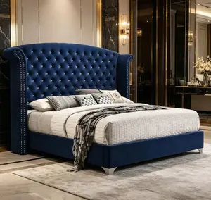 Luxury navy blue plush padded bed frame large/extra large Silver nail head decoration, sturdy platform bed Glam Navy Blue Sail Bed - Soft Velvet Fabric. This navy blue sky goose down bed feels like a five-star hotel suite