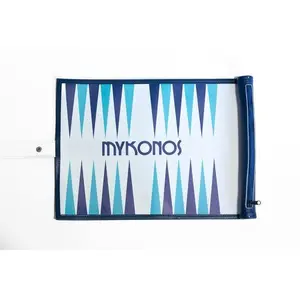Mykonos Leather Backgammon Board - Bold Blue Aegean Design, Eco-Leather, Seamless Roll-Up, Secure Snap Closure, 10x14 Inches