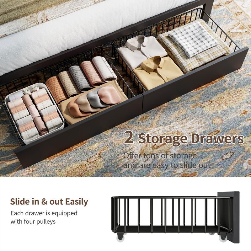 TryLazy Upholstered Flatform Bed Frame with 4 Storage Drawers No MATTRESS Queen Size Wood Slats Holds 900lbs No Noise No Box Spring Needed Full King Twin White Rivet Design USB Socket