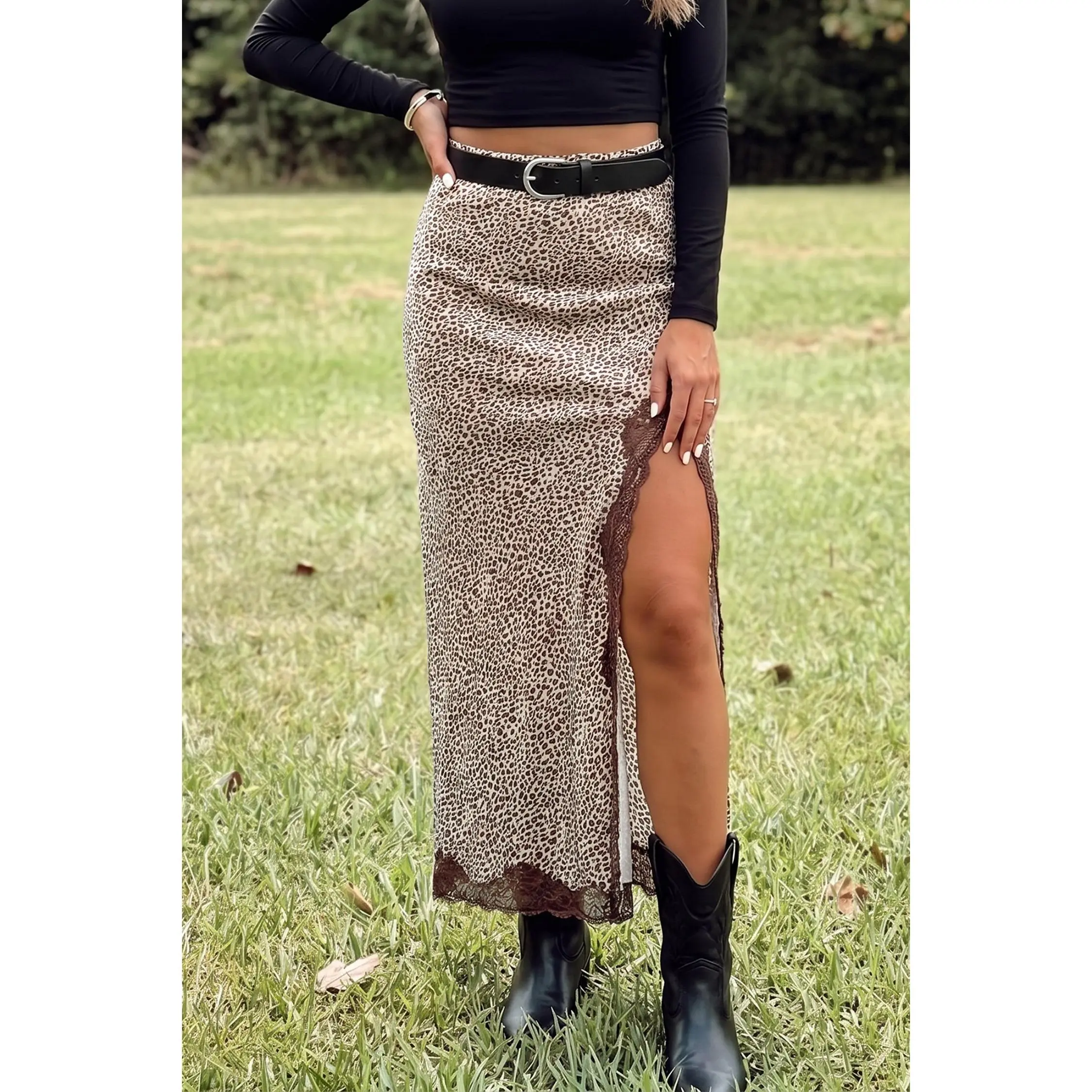 Brown Cheetah Print Trim Split Long Western Skirt