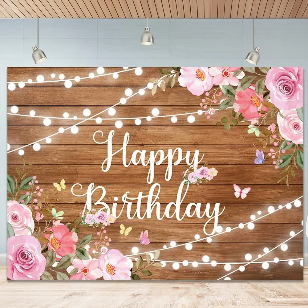 Happy Birthday Backdrop For Women Rustic Wooden Butterfly Banner Glitter Lights Pink Floral Party Decoration Background 20th 30th Girl 7x5ft(82x59 Inch)