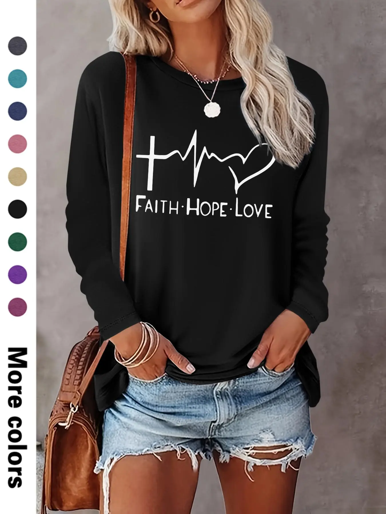 Women's Heart & Letter Print Round Neck Tee, Casual Long Sleeve Crew Neck Fitted T-shirt for Fall & Winter, Women's Top for Daily Wear, Fashion Fitted Casual