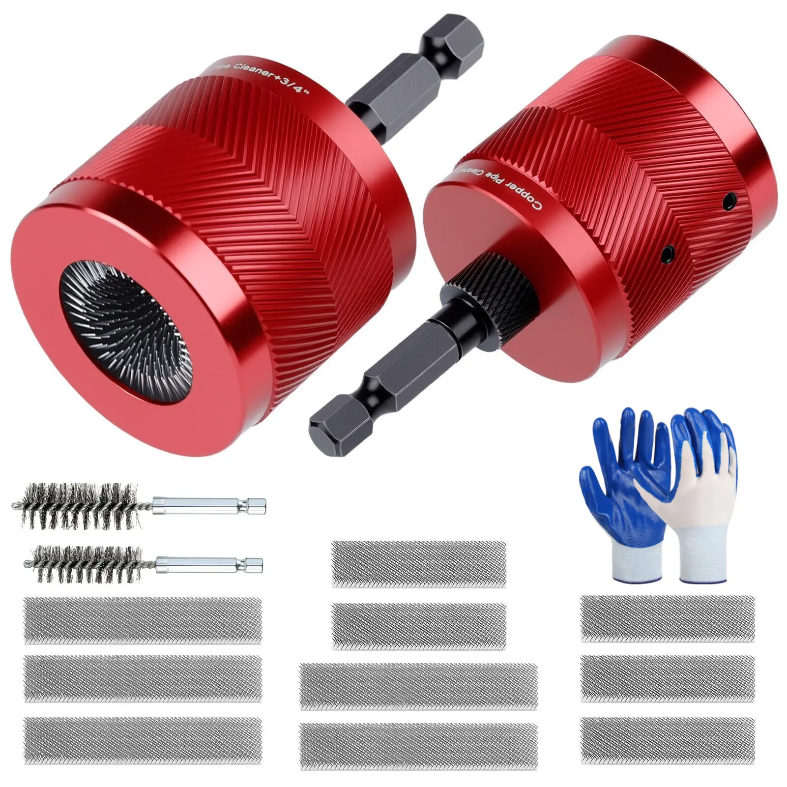 Set of 2 Metal Copper Pipe Brush Cleaning Tools (3/4" & 1/2") with Removable 1/4" Hex Handle, 10 Extra Replaceable Blades & Work Gloves, Tool Kit for Rust/Stain/Paint Removal on Copper Pipes