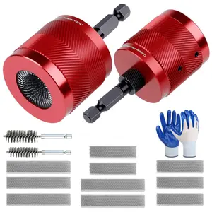 Set of 2 Metal Copper Pipe Brush Cleaning Tools (3/4" & 1/2") with Removable 1/4" Hex Handle, 10 Extra Replaceable Blades & Work Gloves, Tool Kit for Rust/Stain/Paint Removal on Copper Pipes