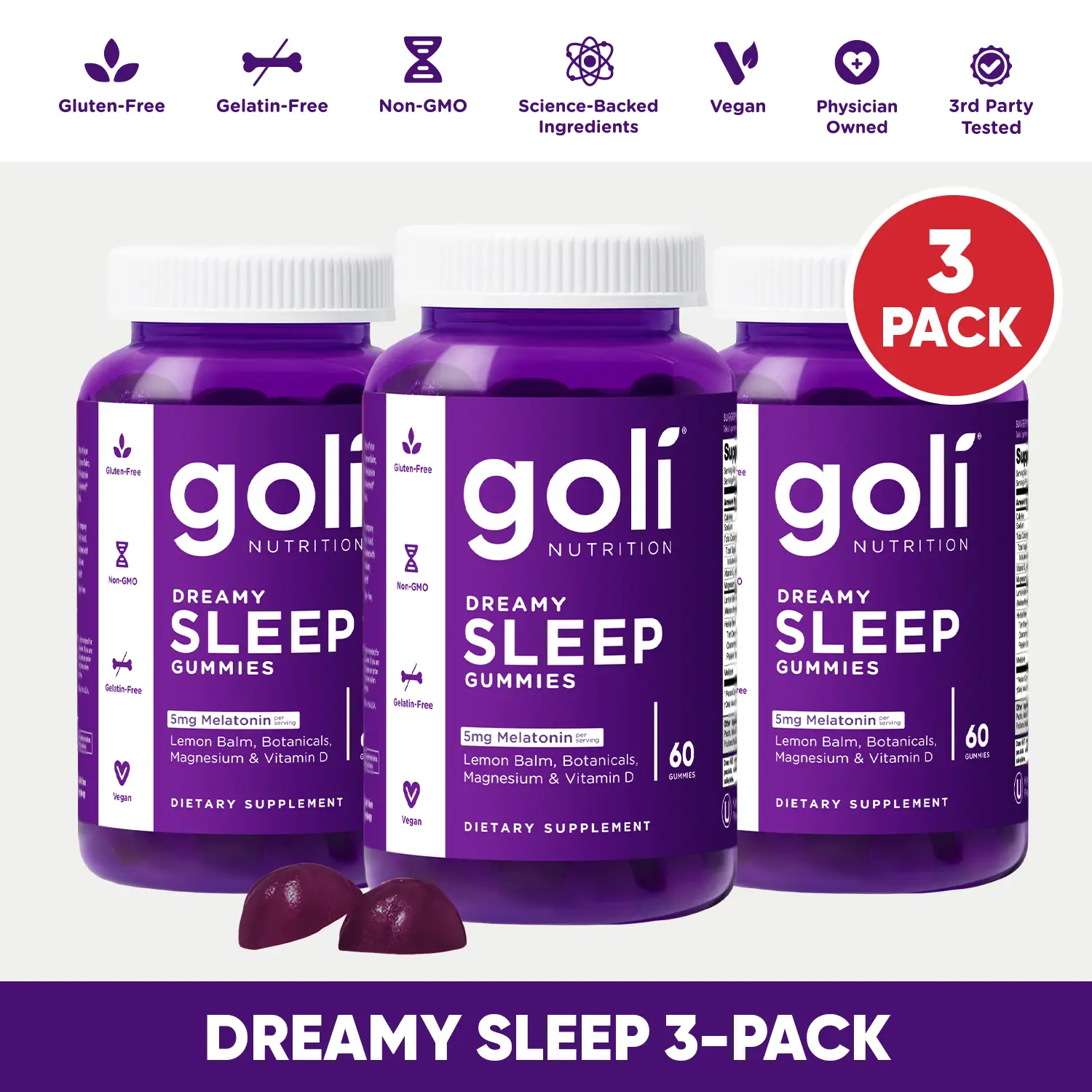 3 Pack Dreamy Sleep Gummies with Melatonin, chamomile, Magnesium, Lemon Balm & V...