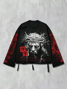 Y2K Vintage Punk Thorn Crown Jesus Full Print T-Shirt, Menswear Distressed Cut Design Streetwear Long Sleeve, Hip Hop Casual Party New Arrival