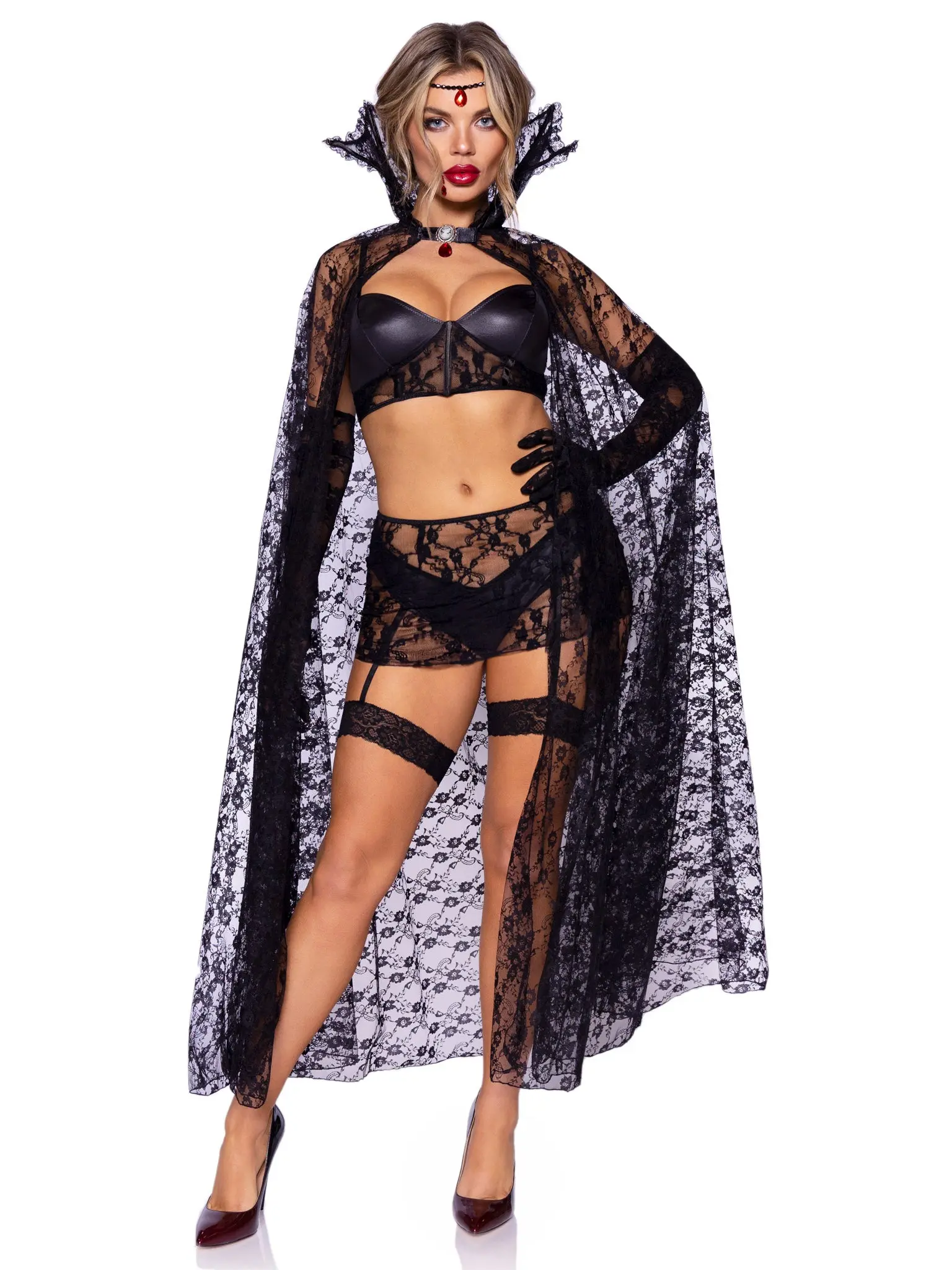 Women's Leg Avenue Vampire Temptress Gothic Style Costume Set - 1-Piece Light-Fit Dark Feminine Aesthetic Halloween Dress with Boned Bra Top, Garter Skirt, Cape
