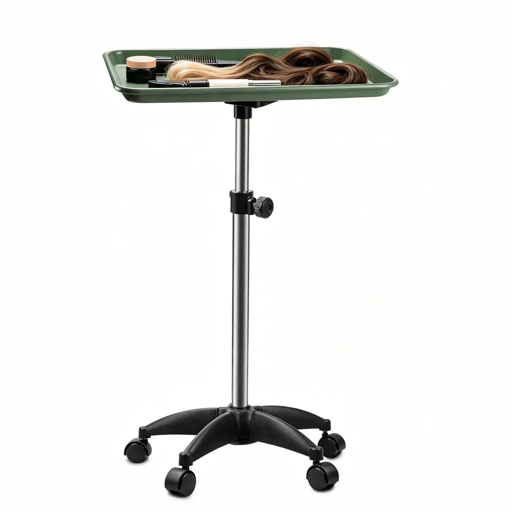 Hair Salon Rolling Tray Cart – Adjustable Height Stainless Steel Barber Trolley, Silent Anti-Hair Wheels for Lash Tech, Tattoo & Makeup Artists