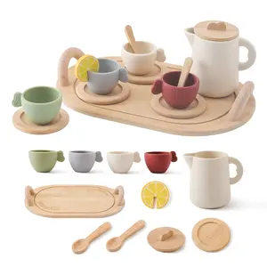 Youuys Wooden Kitchen Play Princess Prince Tea Party Set for Pretend Play Tea Accessories Sets 14pcs Tea Set with Silicone Teapot Cups for 3-6 Year Old New Year Gifts