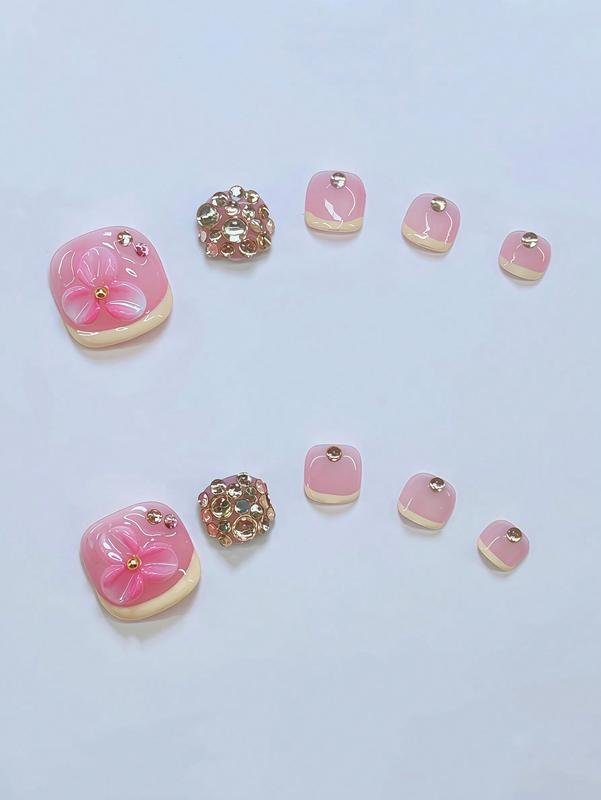 10 Pcs Square Press On Toenails, Pink With 3D Flower, Yellow French Tip, Gold Rhinestone Accents, Daily Wear, Tool Kit Included