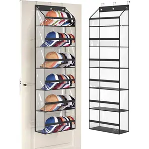 Clear Over The Door Hat Racks for Baseball Caps, Large Holds up to 72 Caps Hat Storage Organizer for Closet Wall, Deep Pockets  Hat Holder with 3 Hooks, Black