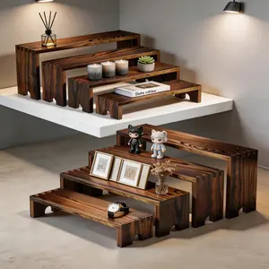 Wooden Step Display Shelves Set of 2 4-Pack Each Total 8 Riser Stands Multifunctional Tiered Storage Rack for Skincare Perfume Figurines Cupcakes Rustic Boho Decor High-Strength Solid Wood No Assembly Needed Kitchen Organiser