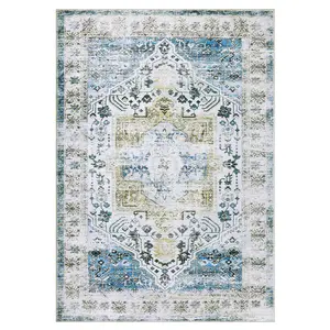 Washable Vintage Soft Non Slip Rectangular Distressed Floral Print Area Rug Blue 8 x 10(ft)