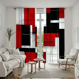 2Pcs Red Black White Abstract Geometric Pattern Window Sheer Curtain Panels for Living Room, Modern Minimalist Design, Rod Pocket Easy to Install, Semi Transparent Screens, Elegant Home Decor Style, Suitable Multi Rooms