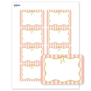 Avery Printable Adhesive Name Tags, 2-1/3" x 3-3/8", Matte White, Pre-printed Pink Stripes/Metallic Gold Bow Design, Laser & Inkjet Compatible, 160 Total