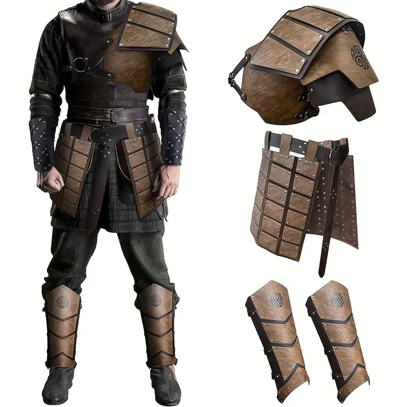 Men's Stylish 5-Piece Faux Leather Medieval Viking Protective Gear Set - Leg Guards, Shoulder Armor, Waist Belt, Helmet | Black, Beige for Halloween, Cosplay (Sports & Outdoor Accessories)