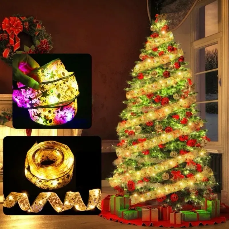 Christmas Ribbon Fairy Light String Merry Christmas Decorations For Home 2023 Cristmas Ornament Xmas Navidad Gifts New Year 2024