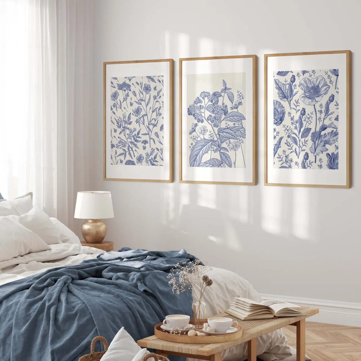 Classic Blue Chinoiserie Set of 3 Art Prints, Watercolor Large Wall Art