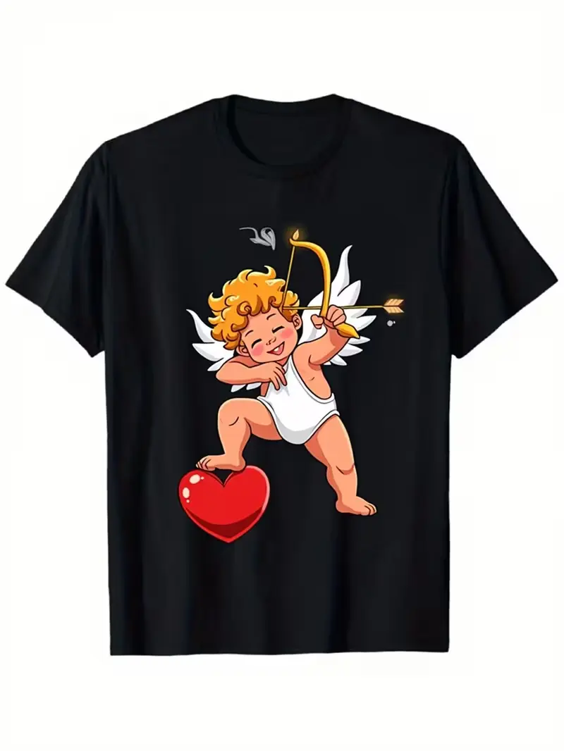 Unisex Cute Cartoon Cupid Angel Bow Arrow Red Heart Graphic T-Shirt, Romantic Valentine’s Day Love Casual Short Sleeve Tee