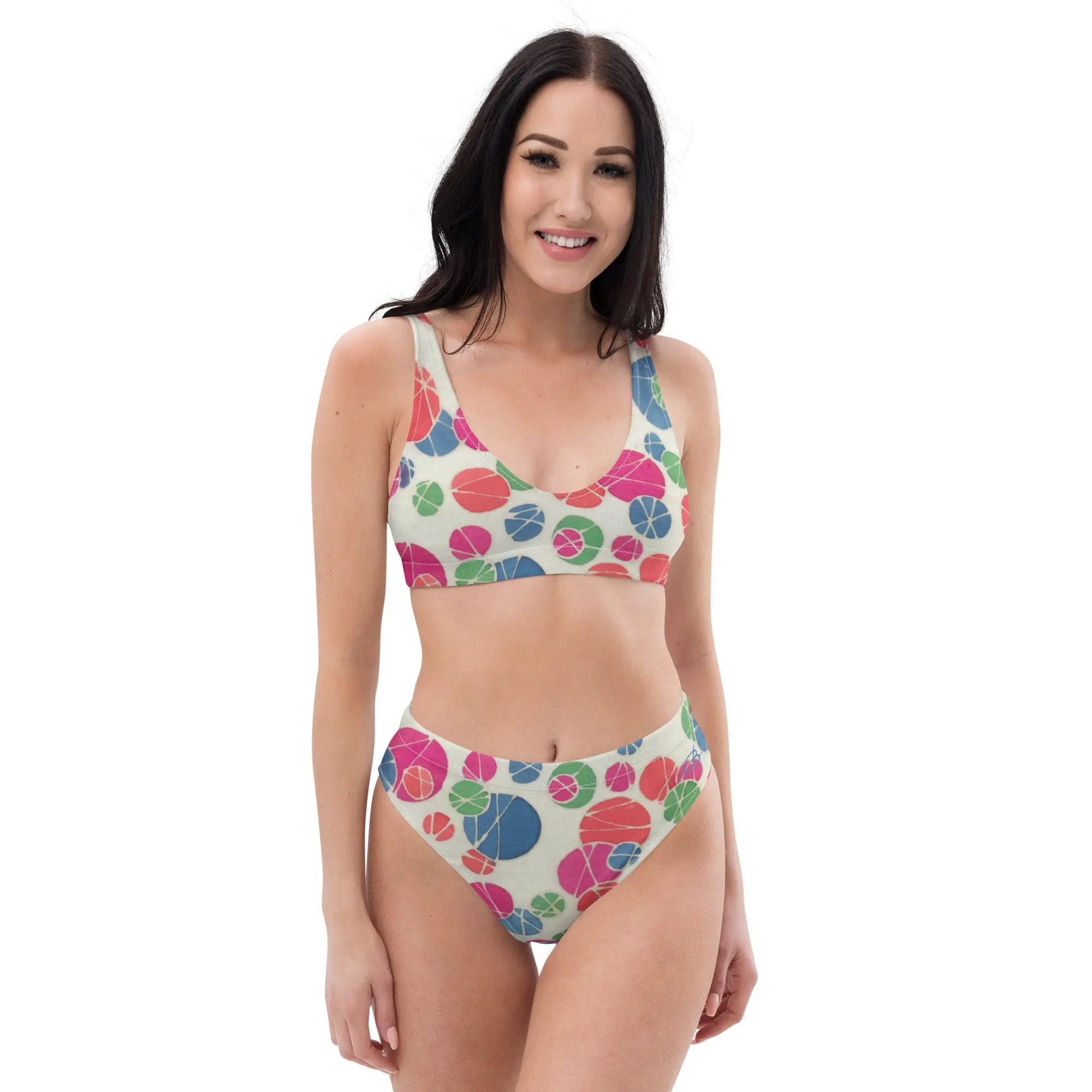 Tossed Medium Pastel Dots On White Recycled high-waisted bikini