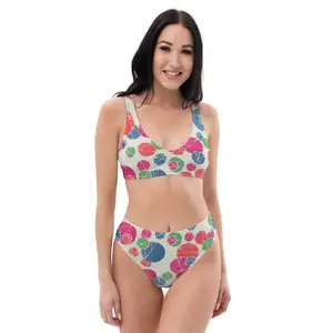 Tossed Medium Pastel Dots On White Recycled high-waisted bikini