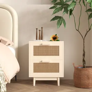 Boho Rattan Nightstand, Modern Burly Wood Accent Side Table with 2 Faux Rattan-Decorated Drawers, Bedside Storage for Bedroom, Living Room