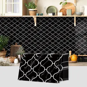 6/12/24/48PCS FG Retro Tile Stickers | PVC Crystal Film Pure Black Marble Moroccan Pattern | Rectangle Peel & Stick Backsplash | Self-Adhesive Waterproof Oil-Proof for Kitchen Bathroom Floor Tile Wooden Surface Home Decor