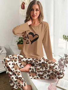 Women's Heart-Themed Tie-Dye Printed Pajama Set, Loungewear featuring a Long-Sleeve Crewneck Top and Elastic-Waist Pants, Pajama Sleepwear, Leopard Print Pajamas