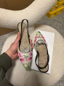 Summer New Embroidered High Heel Slip-On Buckle Pointed Toe Floral Pattern Sandals, Fashion Beaded Elegant Women's Shoes, Stylish Summer Footwear