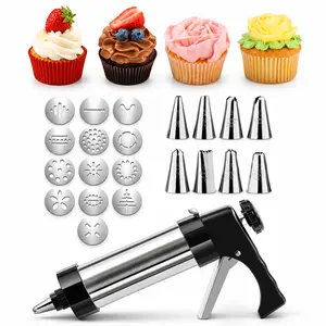 Stainless Steel Cookie Press Gun Kit, 21-Piece Baking Set With 13 Discs and 8 Piping Tips
