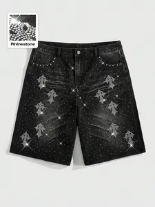 Men shorts - Men Graphic Denim Shorts with Rhinestone Detail Casual Streetwear Summer spring and summer clothes vacation clothes summer men clothes vacation outfit summer outfits male clothes male clothing men’s clothing summer clothes shorts for summer