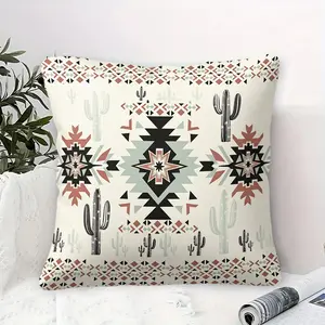 Boho Western Cactus Tribal Throw Pillow, Southwestern Aesthetic Cushion Accent Pillow with Pillow Core, Soft Plush Fabric, Perfect for Sofa, Couch, Bedroom, Living Room, Farmhouse Decor, Great Gift for Western Decor Lovers