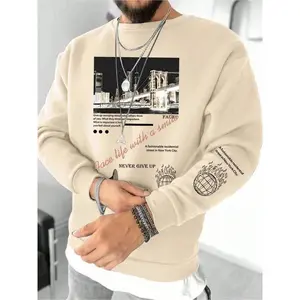 Men's Round Neck Sweatshirt City Night Print Casual Trendy Top, Fall & Winter Fitted Graphic Pullover, Comfortable Moderate Fabric, Crewneck Fitted