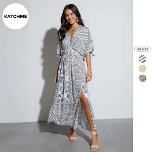 KatchMe Women's Classy Allover Print Batwing Sleeve Side Slit Maxi Dress, Summer & Spring Short Sleeve Dresses, Soft Going Out Dress, Comfy Womenswear