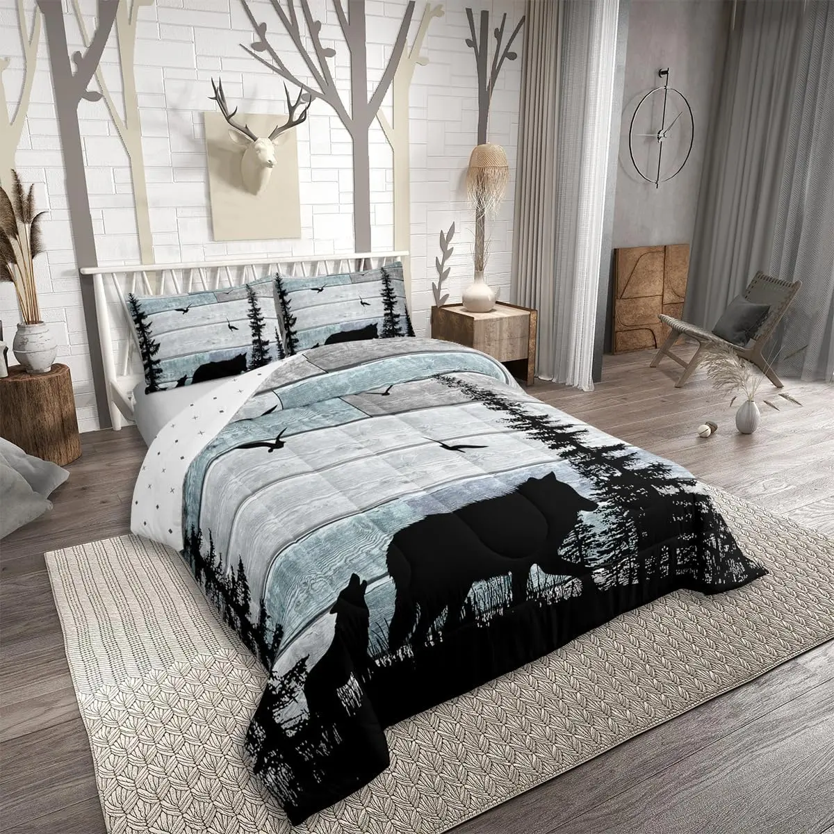 Feelyou Rustic Decorative Bedding Set - Farmhouse Forest Wolf Woodland Animal Pattern, U-Stitching Polyester Fiber Soft Quilt Bedspread, RV-Friendly Adult Multi-Size Quilt Insert