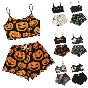 Women’s Ghost Print Satin Pajama Set – Halloween Sleepwear | Short Sleeve Button-Down Top & Shorts | Soft Loungewear