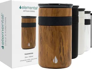 Elemental Artisan 12 oz Insulated Tumbler - Reusable Stainless Steel Coffee Tumbler with Hand Glazed Ceramic Lid. Hot 6 hrs & Cold 18 hrs