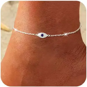 Gold/Silver Anklets for Women,14k Gold/Silver Plated Evil Eye Ankle Bracelets for Women Waterproof Layered lightweight Cuban Link Figaro Chain Diamond Heart Anklet Summer Beach Jewelry Gift