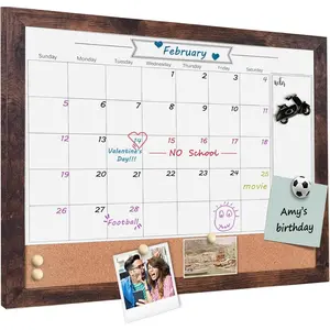 Dry Erase Calendar Whiteboard for Wall, Small Combination  Dry Erase White Board & Bulletin Board,13" x 17",Walnut Brown Frame Calendar/Cork Combo Board(ZHYL-WB-3343)