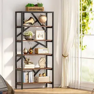 TRIBEWOOD 71 Inch Industrial Bookshelf, 6 Shelf Etagere Bookcase, Free Standing Open Book Shelves Storage Display Shelf, Wood Shelving Units Organizer Rack for Bedroom Home Office Living Room