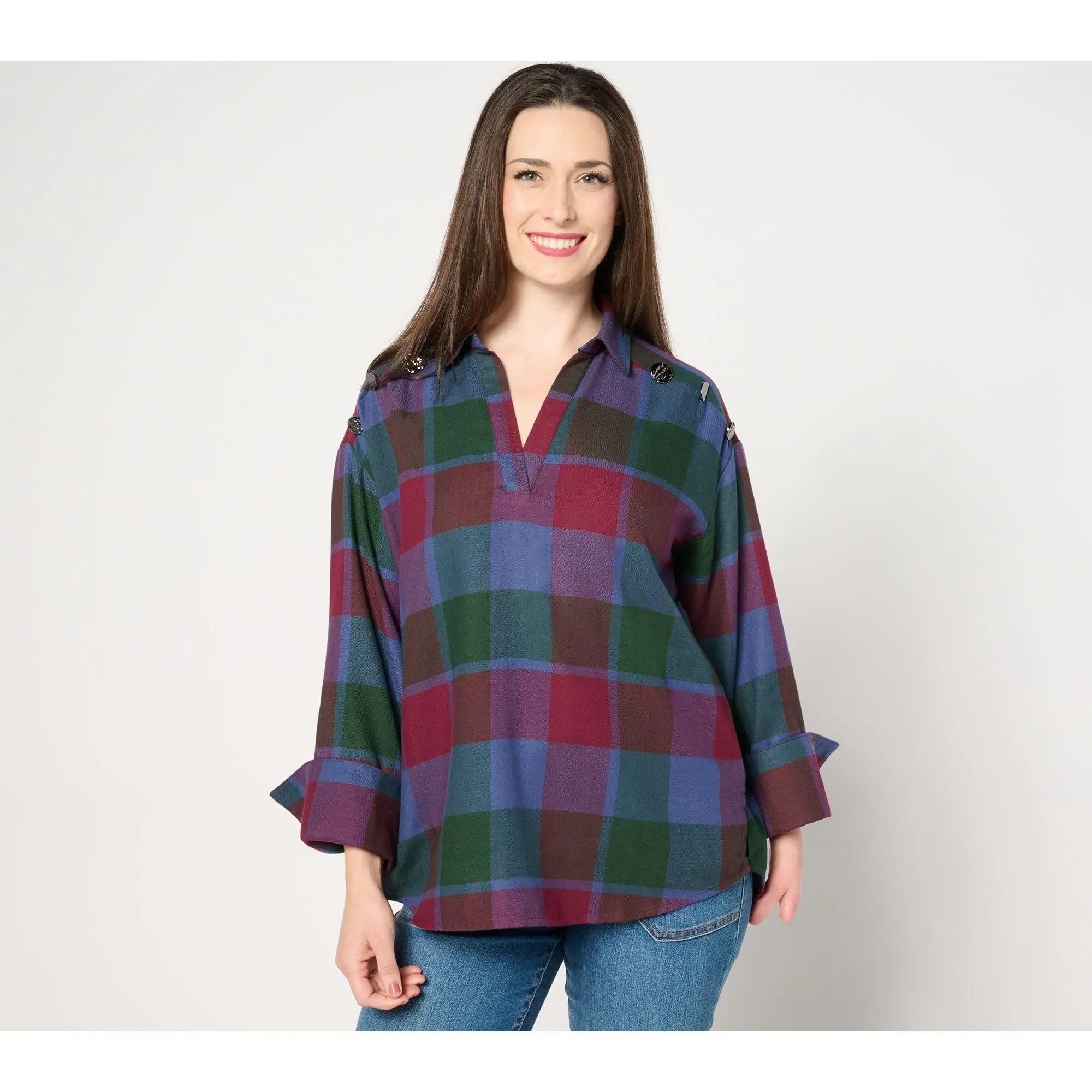 Peace Love World Button Detail Popover Shirt